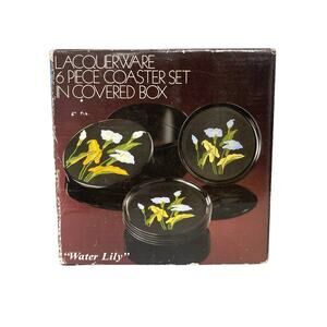 Vintage Lacquerware Water Lily 6 Round Decorative Coaster Set